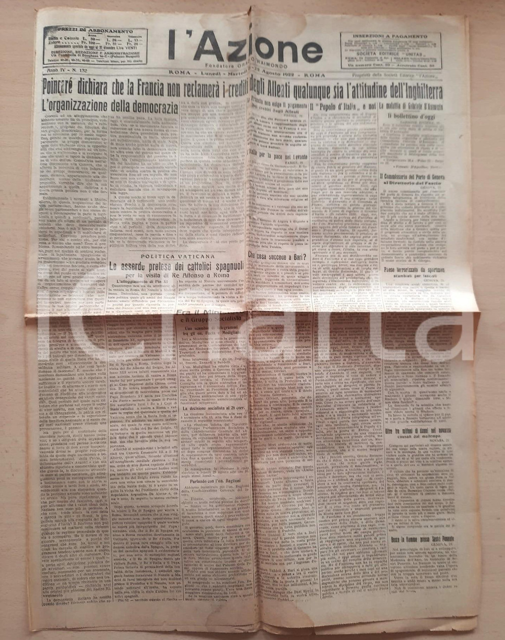 Giornale, rivista storica 1922 L AZIONE Poincaré non reclama i crediti alleati  Conferenza di Vienna 1