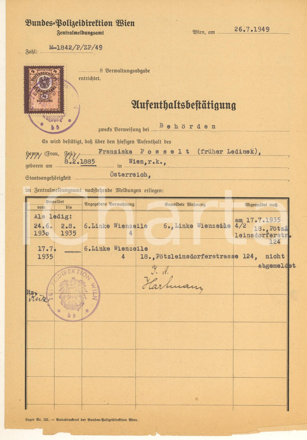 Documento originale, autentico 1949 WIEN / AUSTRIA Certificato di residenza Franziska POSSELT 1
