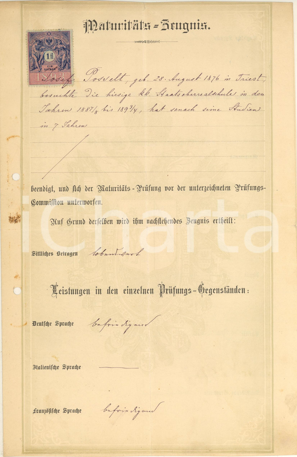 Oggetto da collezione cartaceo 1894 TRIESTE StaatsOberrealschule  Attestato di diploma con voti Josef POSSELT 1