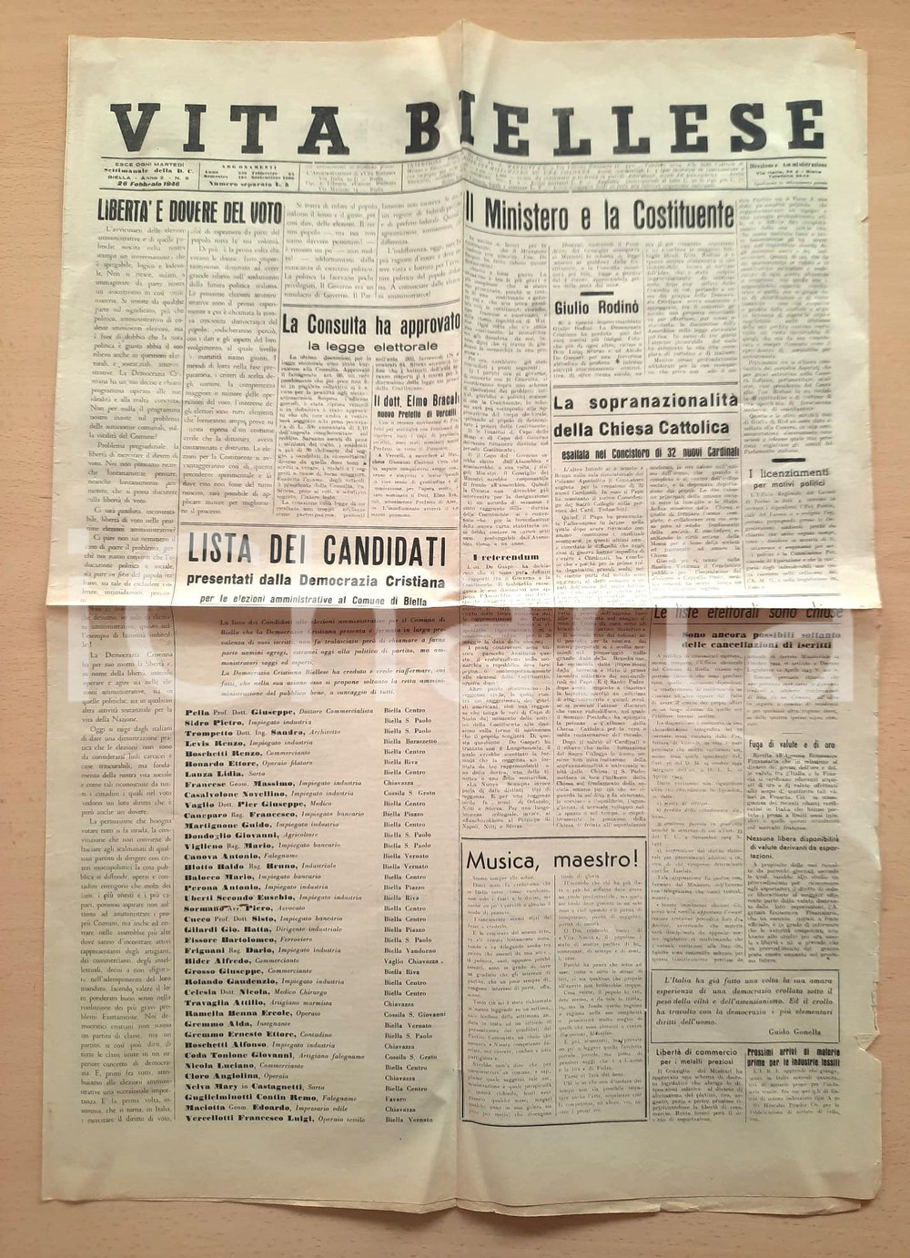 Giornale, rivista storica 1946 VITA BIELLESE Candidati della Democrazia Cristiana  Elezioni  Giornale 1