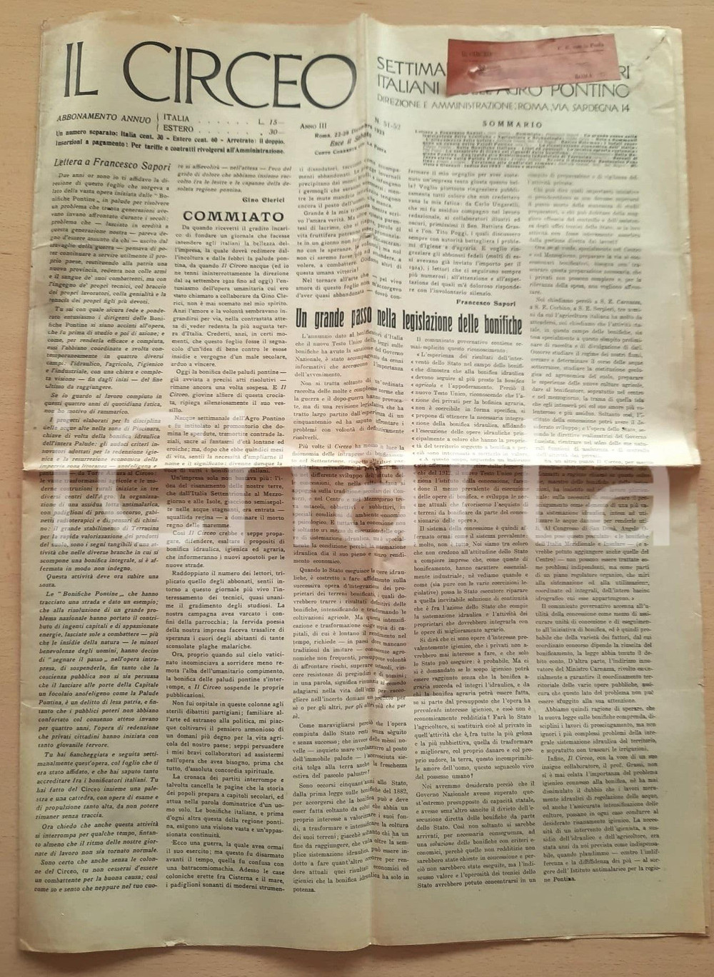 Giornale, rivista storica 1923 IL CIRCEO  Commiato Francesco Sapori  Giornale bonifiche AGRO PONTINO 1