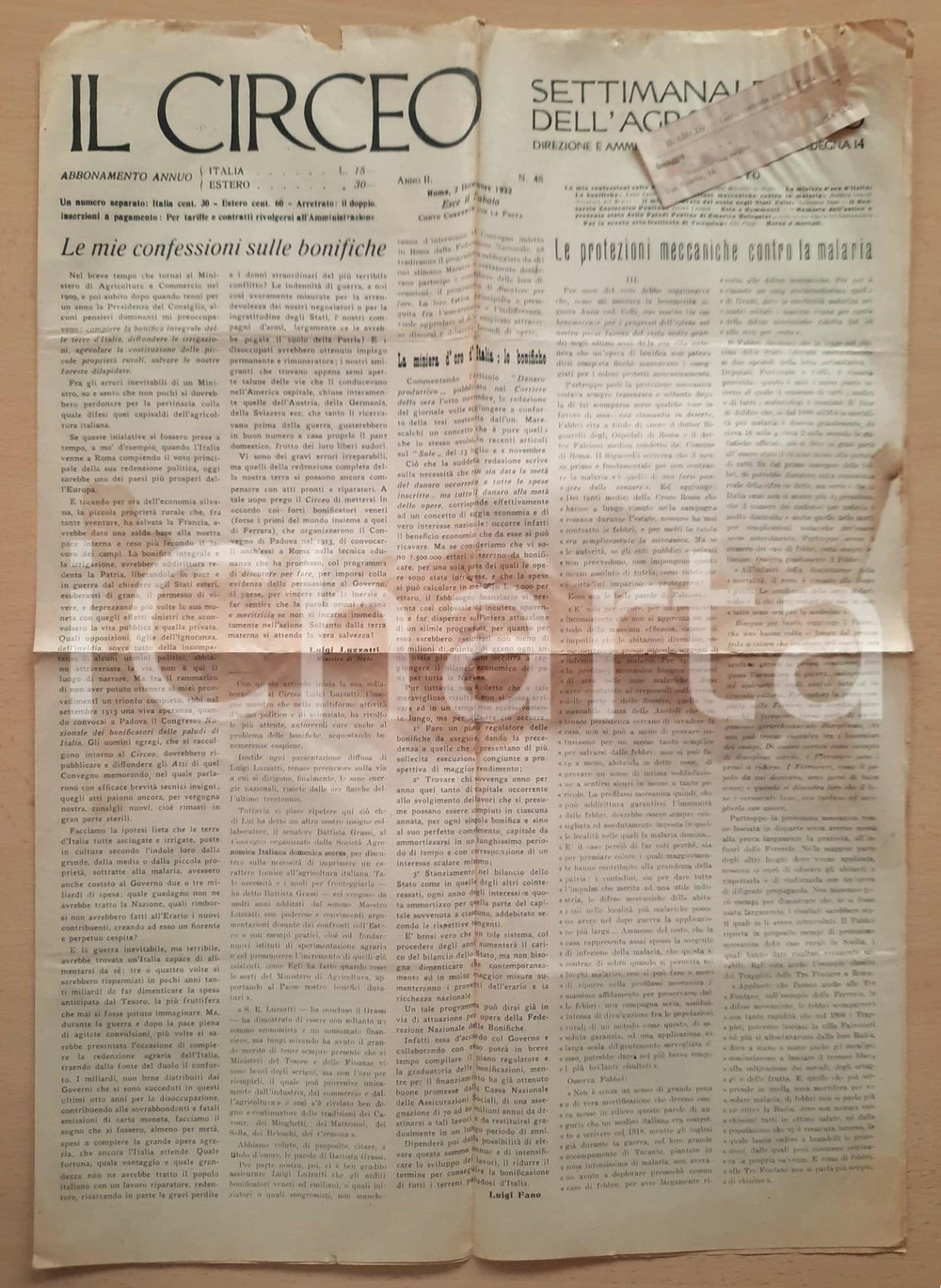 Giornale, rivista storica 1922 IL CIRCEO Scuola Ortofrutticola a Terracina Giornale bonifiche DANNEGGIATO 1