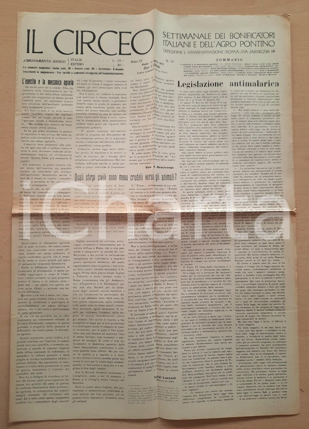 Giornale, rivista storica 1923 IL CIRCEO Legislazione antimalarica  Giornale bonifiche AGRO PONTINO 1