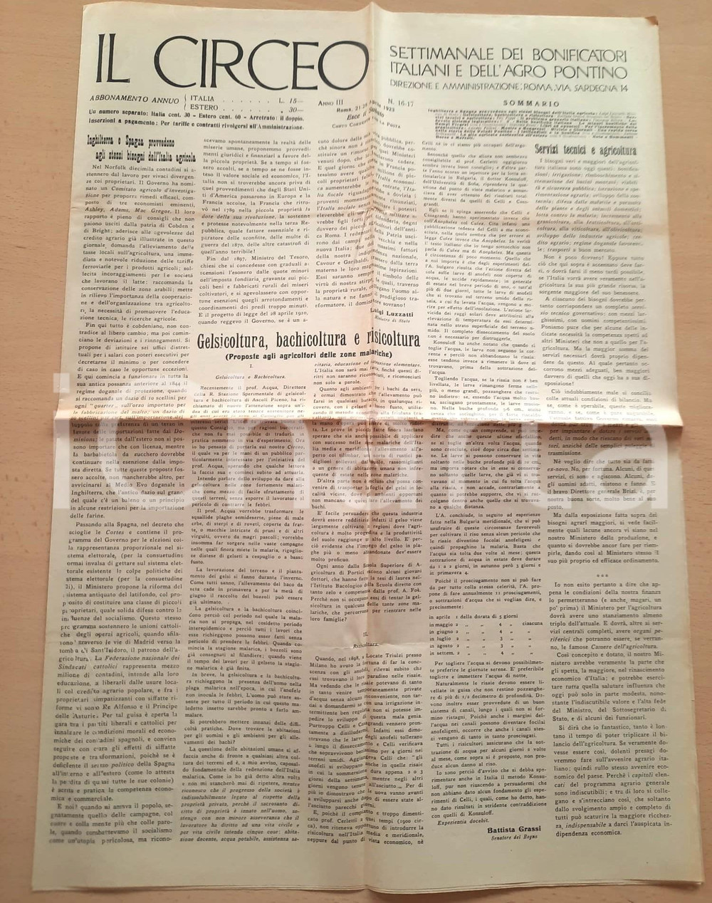 Giornale, rivista storica 1923 IL CIRCEO Bonifiche ai Campi Flegrei  Giornale bonifiche AGRO PONTINO 1