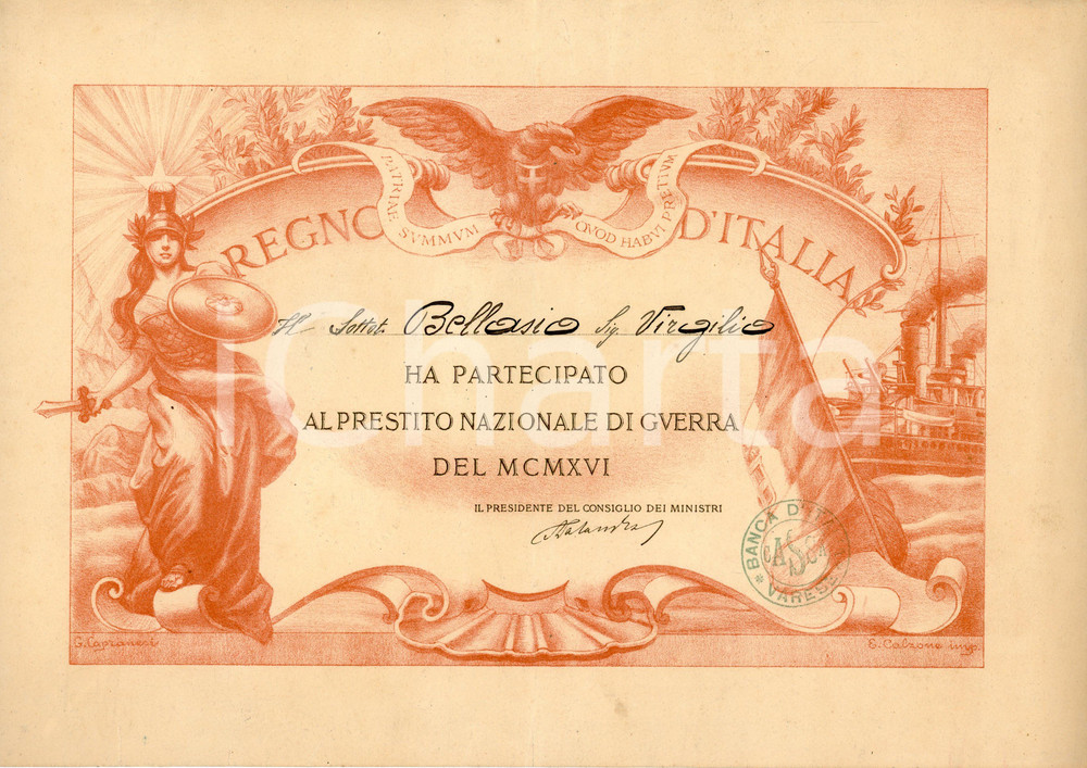 Oggetto da collezione cartaceo 1916 WW1  VARESE Virgilio BELLASIO Attestato partecipazione PRESTITO NAZIONALE 1