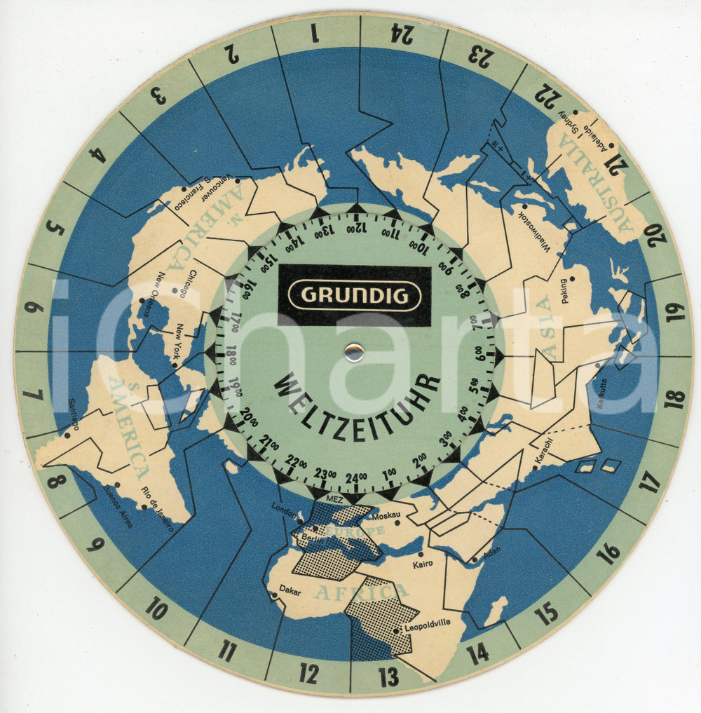 Oggetto da collezione cartaceo 1965 ca GRUNDIG Weltzeituhr  World time zone map Strumento calcolo fuso orario 1