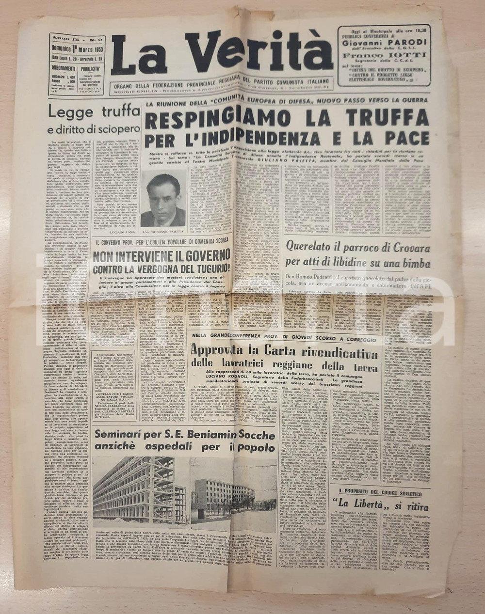Giornale, rivista storica 1953 LA VERITÀ Legge truffa sullo sciopero  Querelato il parroco di Crovara 1