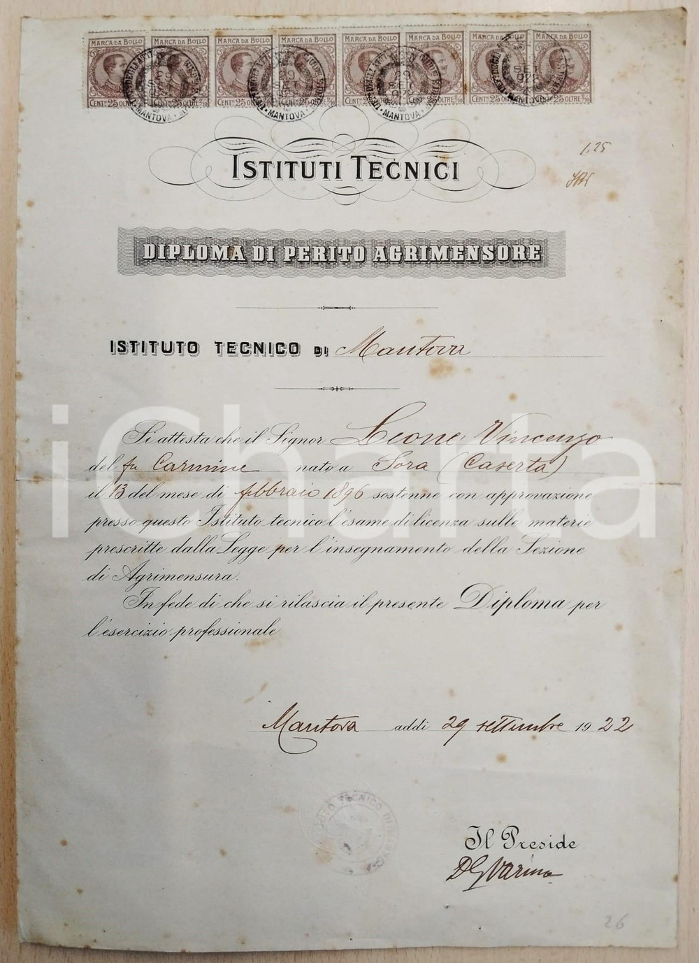 Oggetto da collezione cartaceo 1922 MANTOVA Istituto Tecnico  Diploma perito agrimensore di Vincenzo LEONE 1