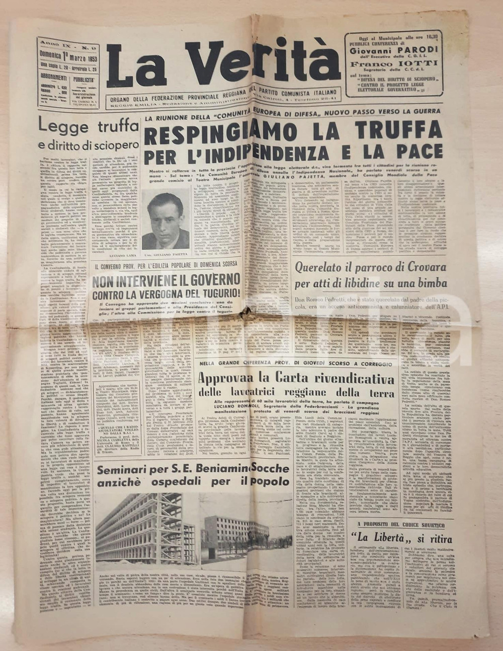Giornale, rivista storica 1953 LA VERITÀ Legge truffa sullo sciopero  Querelato parroco di Crovara 1