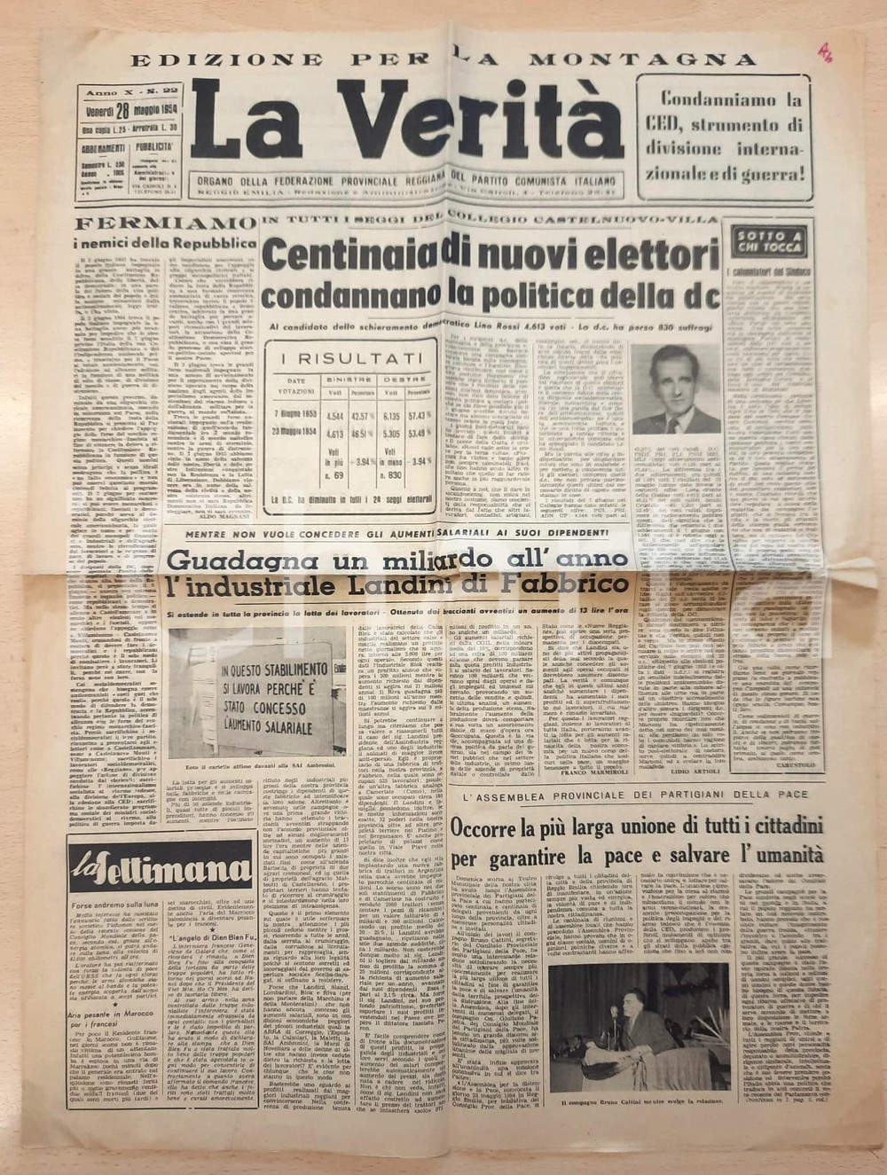 Giornale, rivista storica 1954 LA VERITÀ  LANDINI di Fabbrico guadagna un miliardo ma non dà l aumento 1
