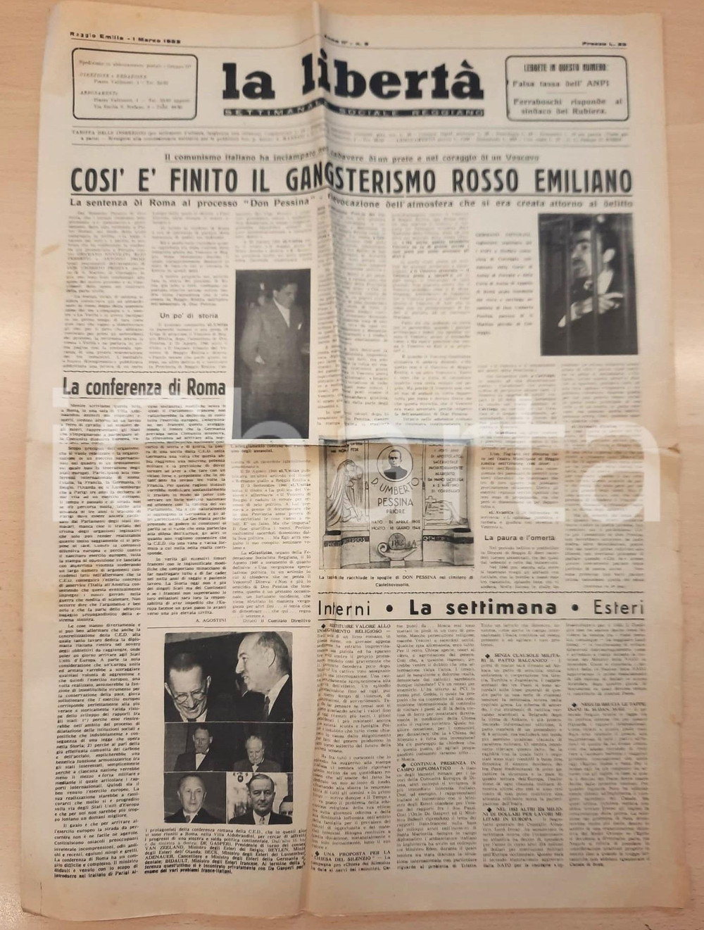 Giornale, rivista storica 1953 LA LIBERTÀ  Fine del gangsterismo rosso emiliano  Processo DON PESSINA 1