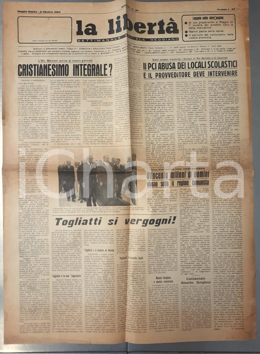 Giornale, rivista storica 1954 LA LIBERTÀ On. Marconi sul cristianesimo integrale  PCI abusa delle scuole 1
