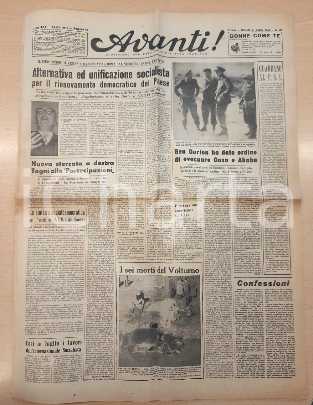 Giornale, rivista storica 1957 AVANTI!  Ben Gurion fa evacuare Gaza e Aqaba  Unificazione socialista 1