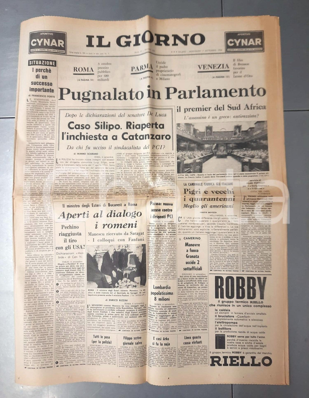 Giornale, rivista storica 1966 IL GIORNO Hendrik Verwoerd premier del Sudafrica ucciso in Parlamento 1