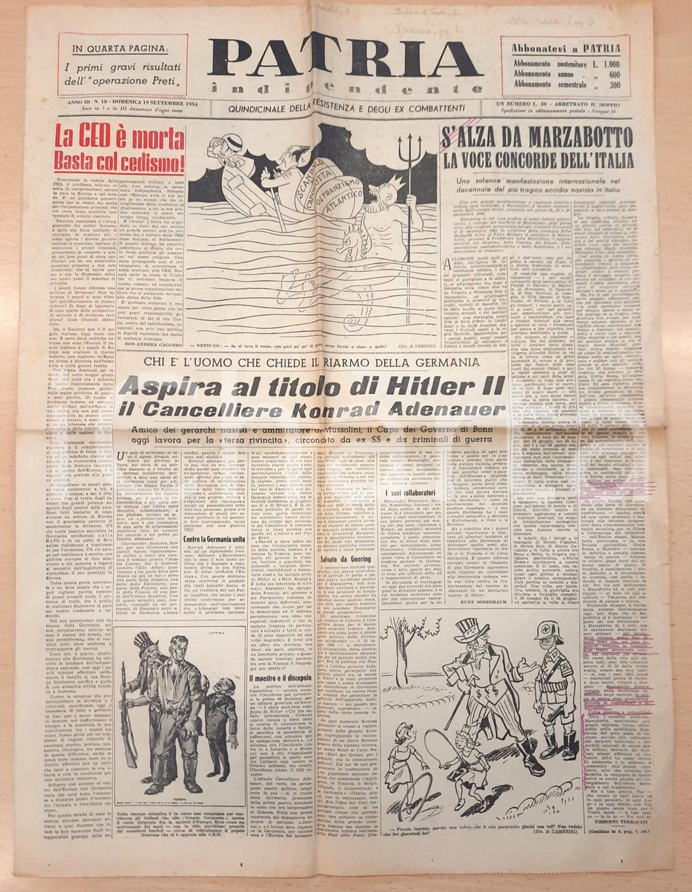 Giornale, rivista storica 1954 PATRIA INDIPENDENTE Konrad Adenauer aspira il titolo di Hitler II Giornale 1