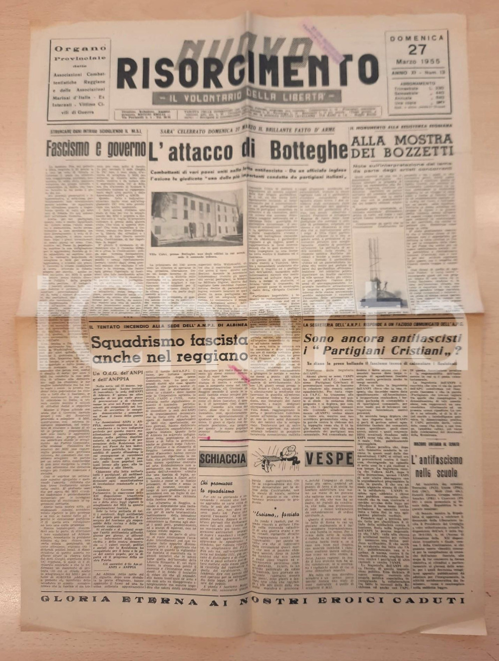 Giornale, rivista storica 1955 REGGIO EMILIA  NUOVO RISORGIMENTO Tentato incendio all ANPI di Albinea 1