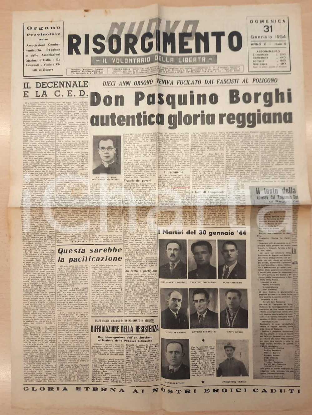 Giornale, rivista storica 1954 REGGIO EMILIA  NUOVO RISORGIMENTO Don Pasquino Borghi Medaglia d Oro 1