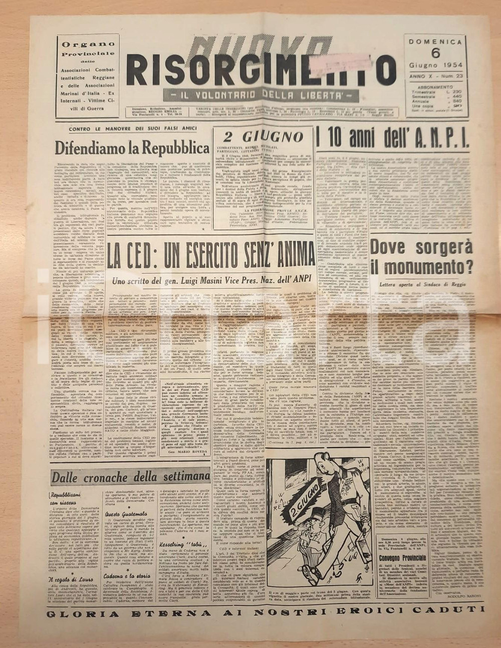 Giornale, rivista storica 1954 REGGIO EMILIA  NUOVO RISORGIMENTO Luigi MASINI sulla CED Giornale 1