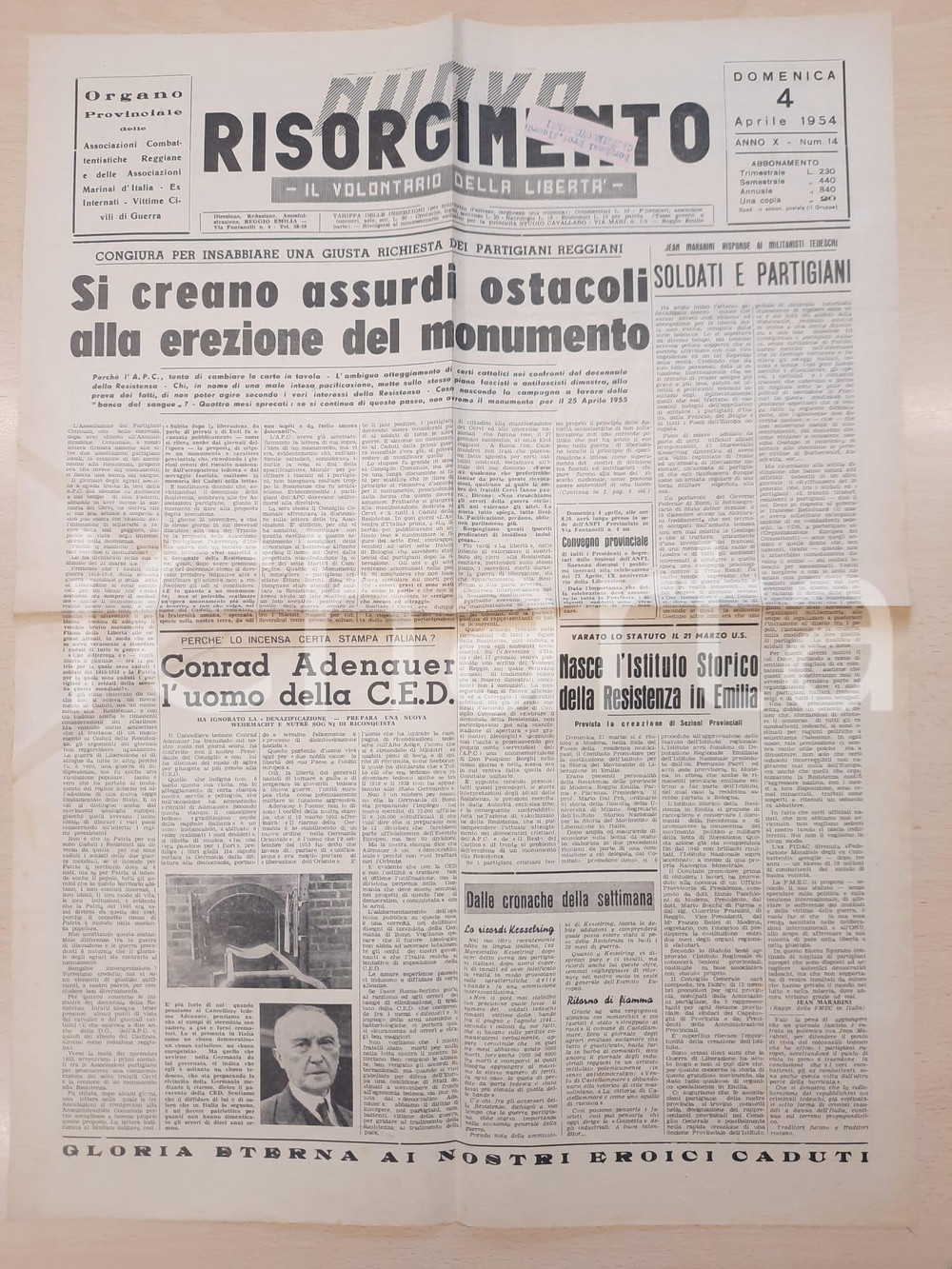 Giornale, rivista storica 1954 REGGIO EMILIA  NUOVO RISORGIMENTO Ostacoli al monumento alla Resistenza 1
