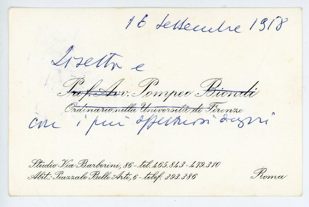 Oggetto da collezione cartaceo 1958 ROMA Avv. Pompeo BIONDI Ordinario Università Firenze  Biglietto AUTOGRAFO 1