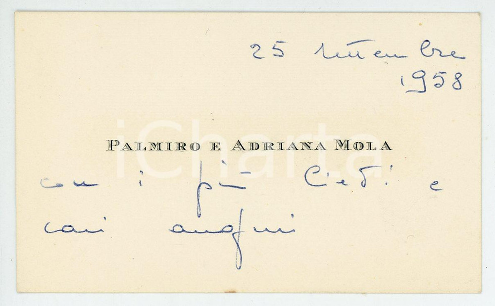 Oggetto da collezione cartaceo 1958 CREMONA ? Palmiro e Adriana MOLA Biglietto da visita AUTOGRAFO 1