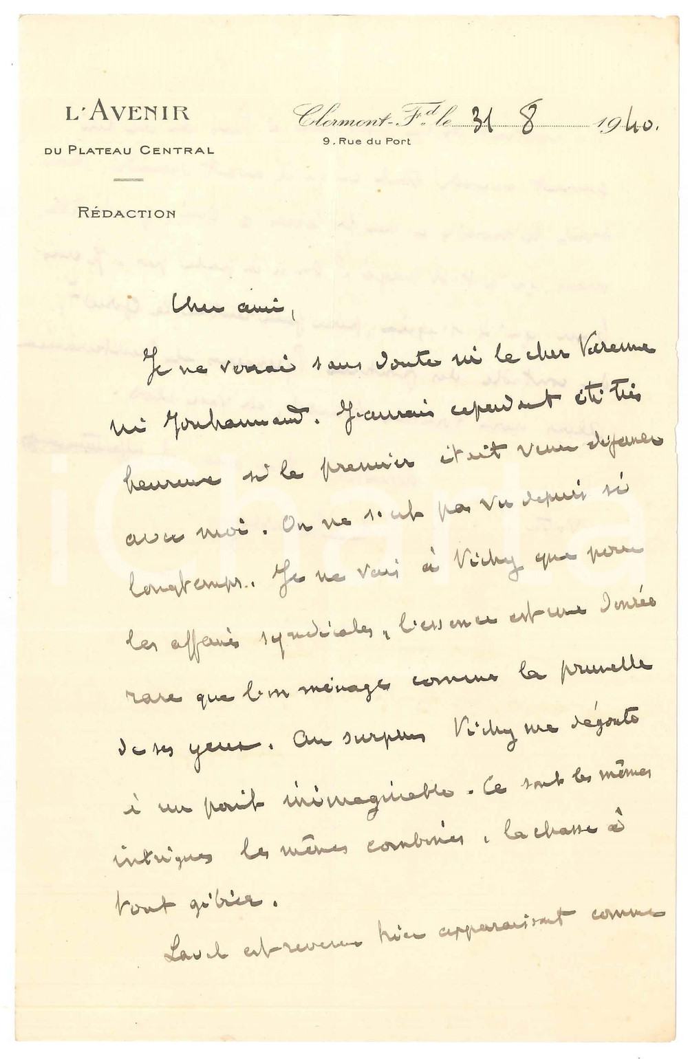 Autografo originale 1940 CLERMONTFERRAND Etienne BANDY DE NALECHE non va a Vichy Autografo 1