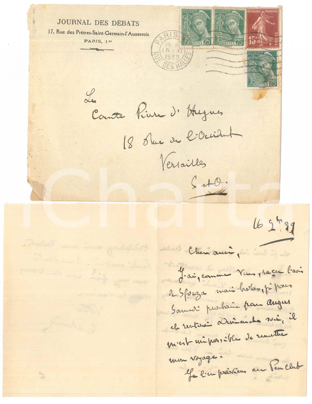 Autografo originale 1939 PARIS  Journal des Débats  Lettera Etienne BANDY DE NALECHE Autografo 1