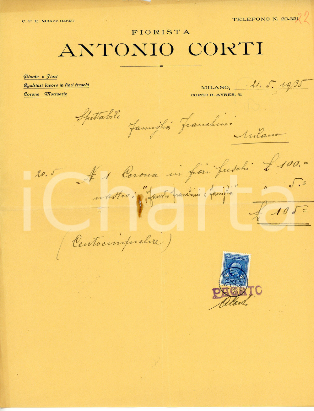 Documento originale, autentico 1935 MILANO Corso Buenos Aires 41 Fiorista Antonio CORTI Fattura fiori freschi 1