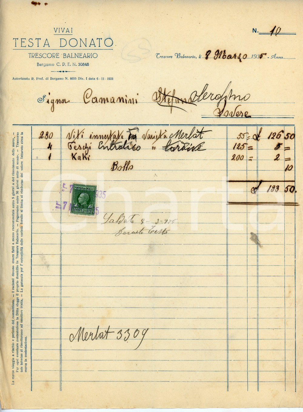 Documento originale, autentico 1935 TRESCORE BALNEARIO Vivai Donato TESTA Fattura per viti MERLOT e cachi 1