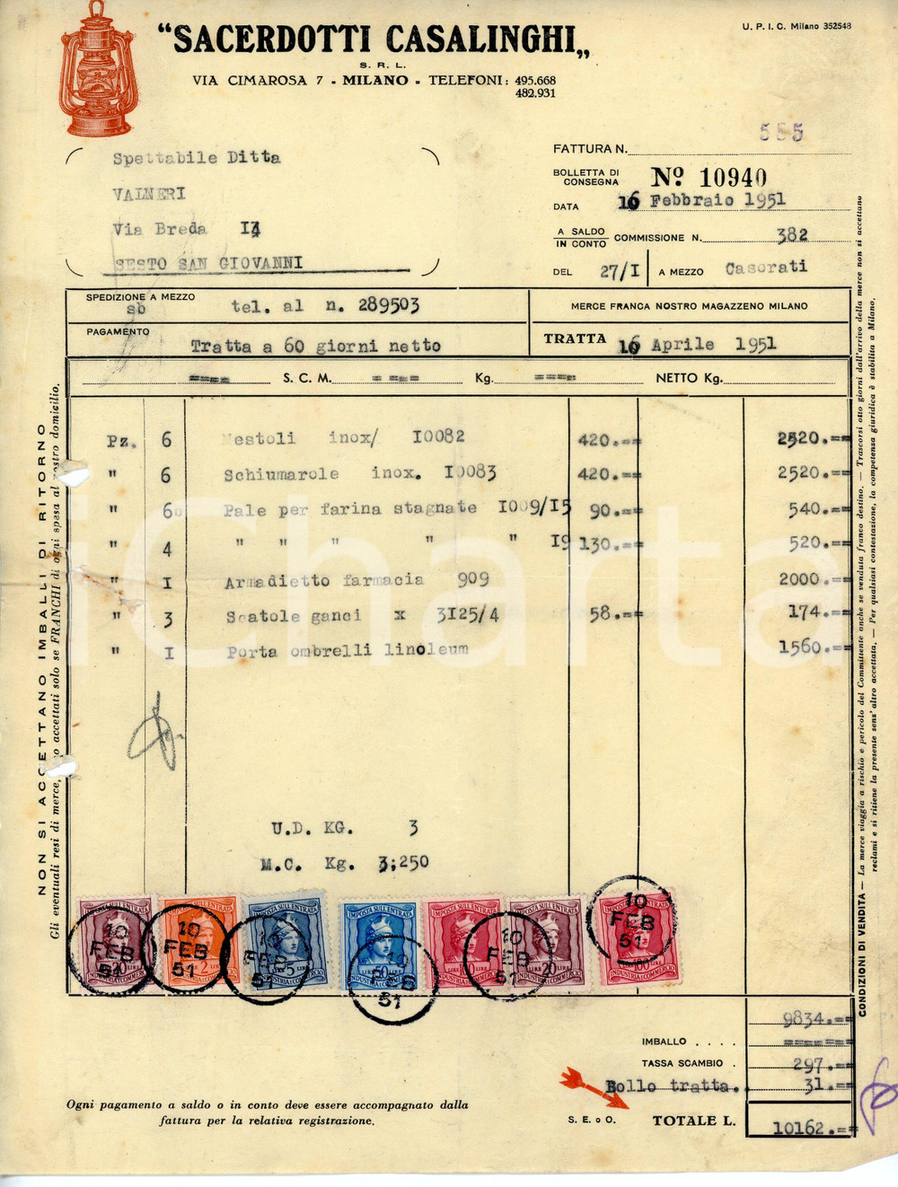 Documento originale, autentico 1951 MILANO Via Cimarosa 7 Casalinghi SACERDOTTI Fattura con cambiale 1