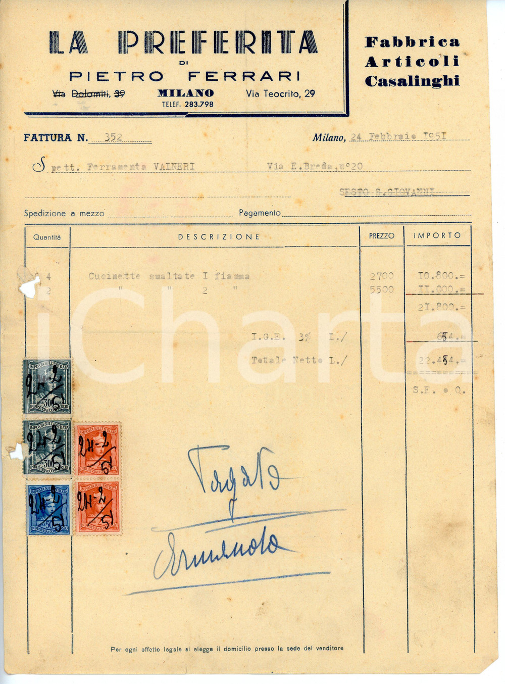 Documento originale, autentico 1951 MILANO Via Teocrito 29 Casalinghi LA PREFERITA di Pietro FERRARI Fattura 1