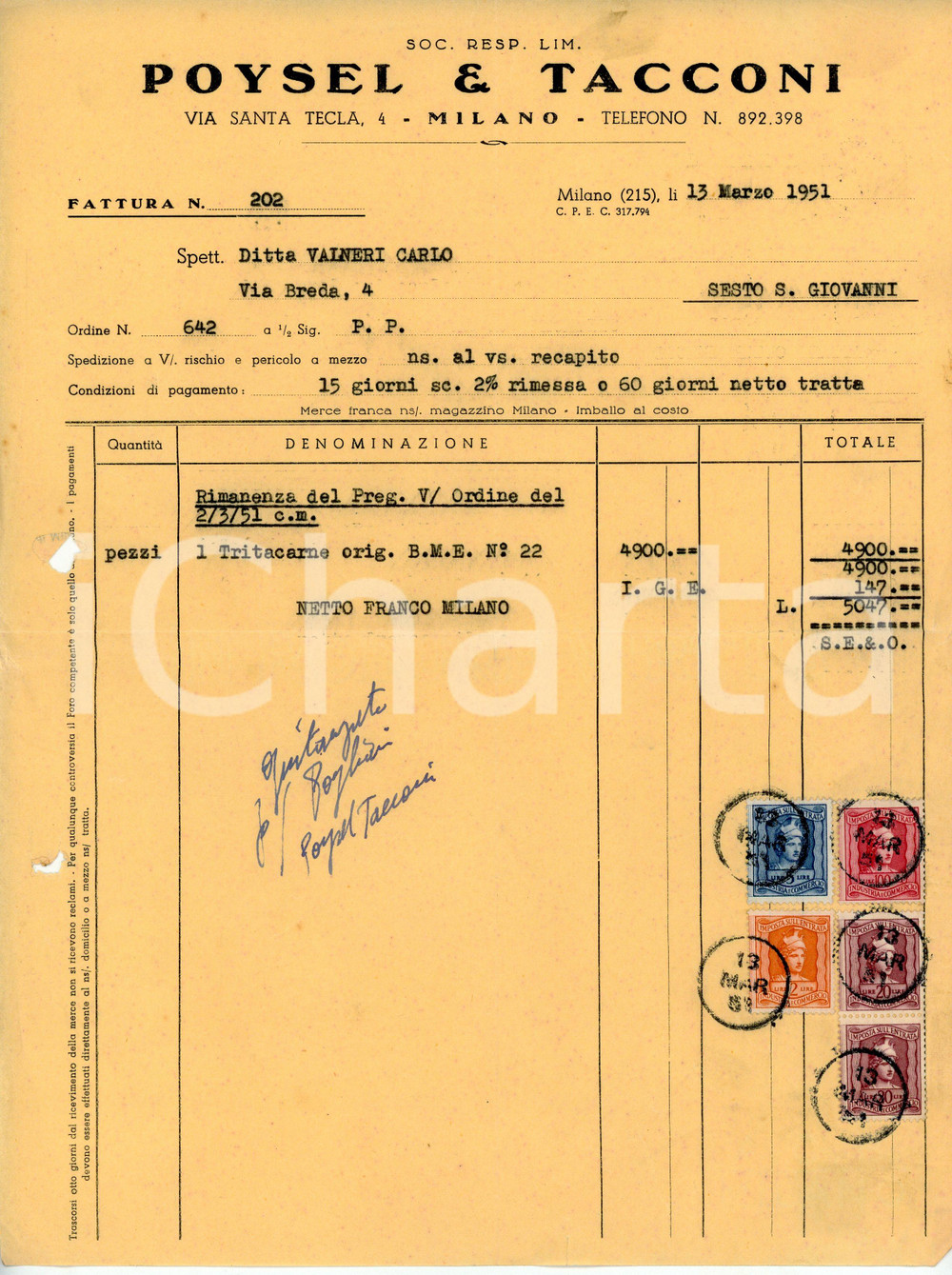 Documento originale, autentico 1951 MILANO Via Santa Tecla 4 POYSEL E TACCONI Fattura tritacarne BME n.22 1