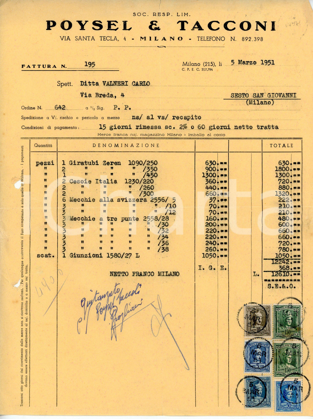 Documento originale, autentico 1951 MILANO Via Santa Tecla 4 POYSEL E TACCONI Fattura per giratubi e cesoie 1