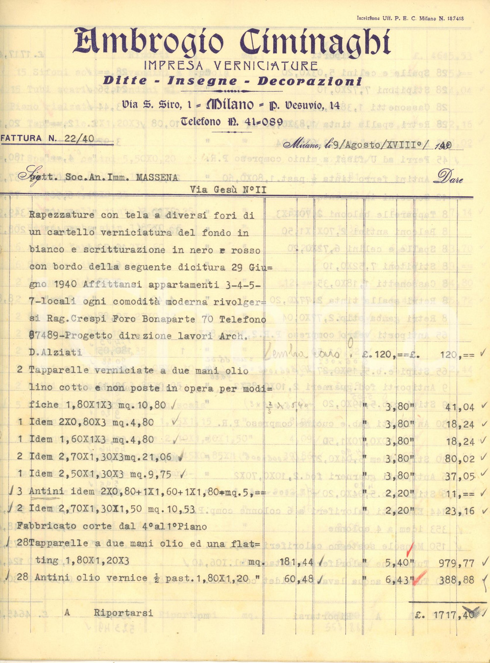 Documento originale, autentico 1940 MILANO Via S. Siro  Ambrogio CIMINAGHI Impresa Verniciature Fattura 1