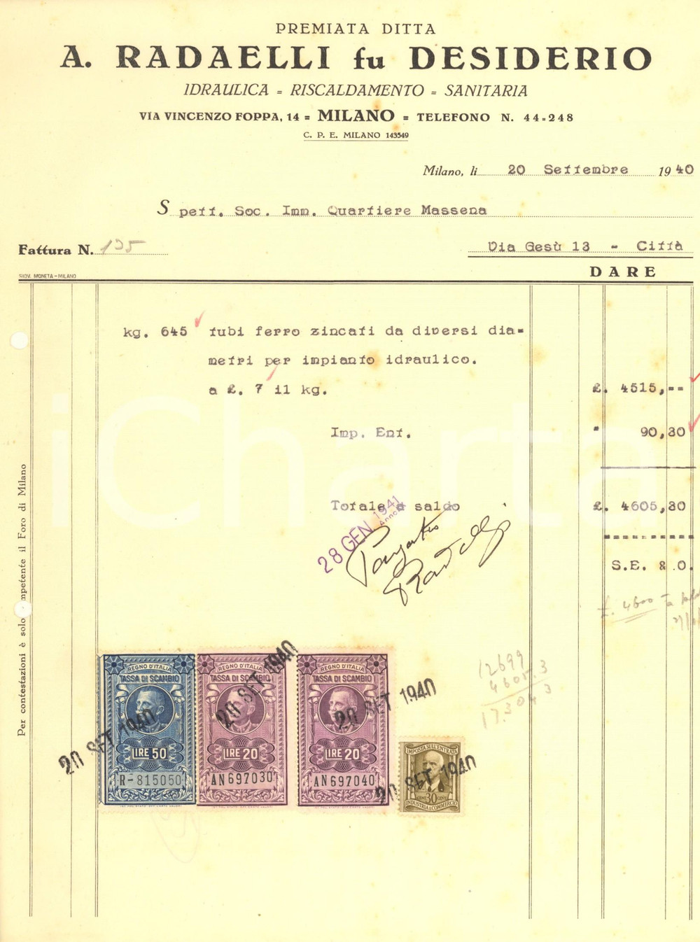 Documento originale, autentico 1940 MILANO via Foppa  A. RADAELLI fu Desiderio Idraulica Fattura tubi ferro 1