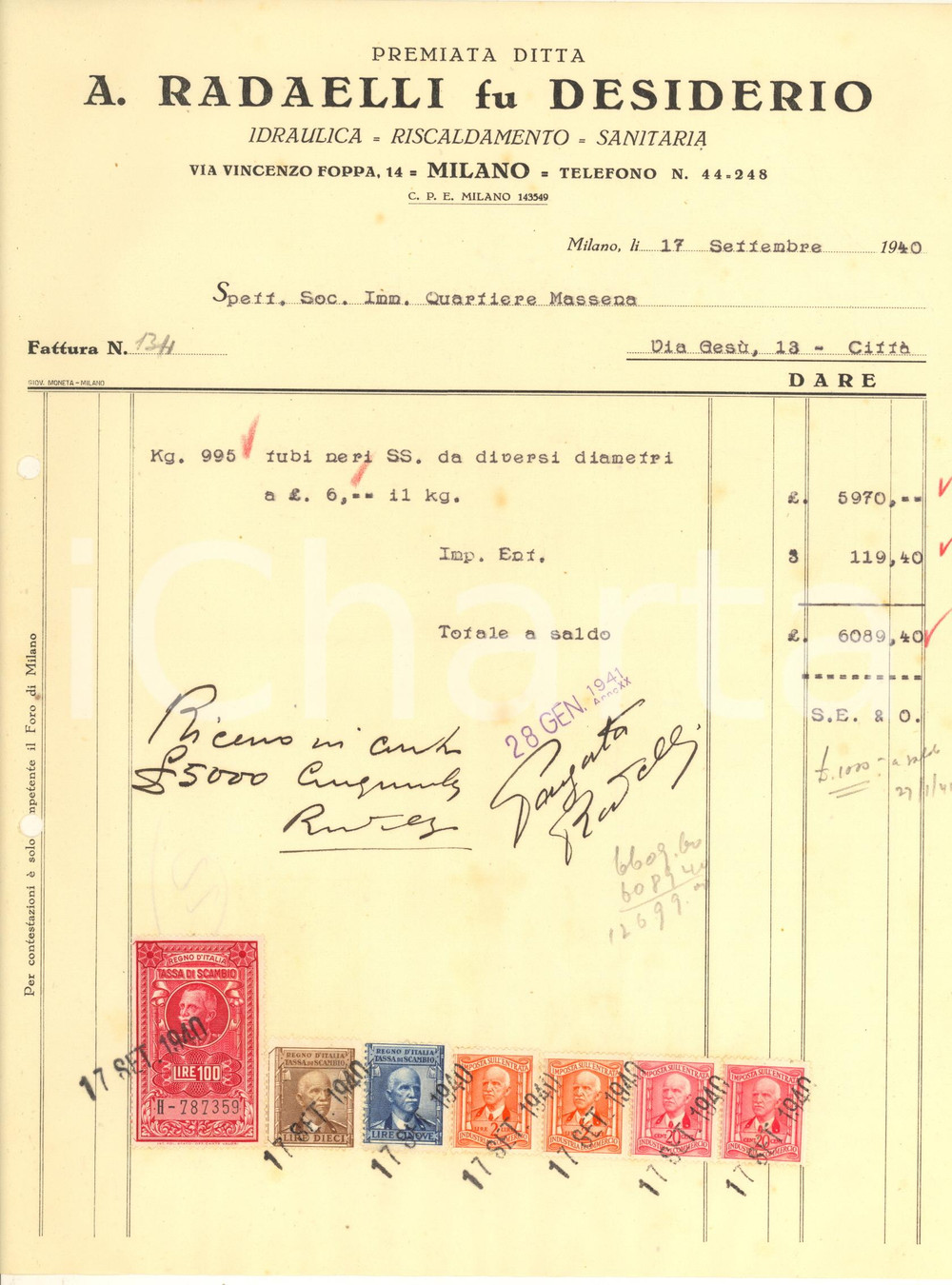 Documento originale, autentico 1940 MILANO via Foppa  A. RADAELLI fu Desiderio Idraulica Fattura tubi 1