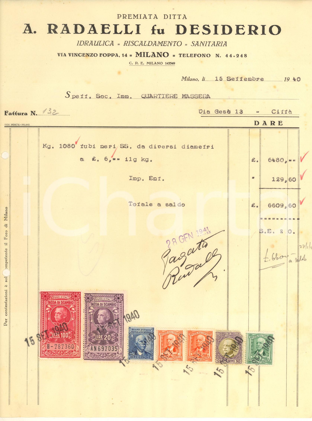 Documento originale, autentico 1940 MILANO via Foppa  A. RADAELLI fu Desiderio Idraulica  Fattura tubi 1