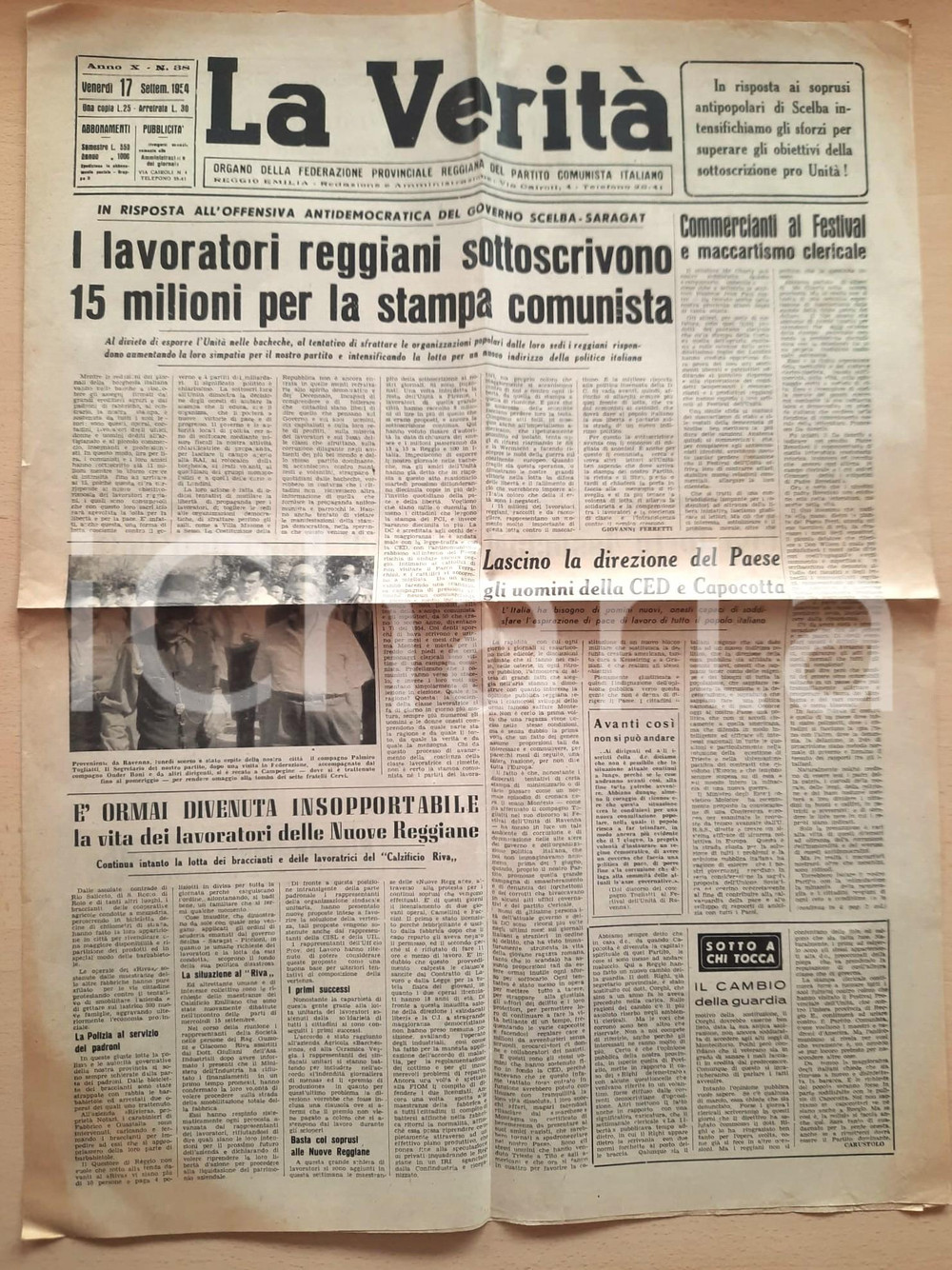 Giornale, rivista storica 1954 LA VERITÀ Dai lavoratori reggiani 15 milioni per la stampa comunista 1