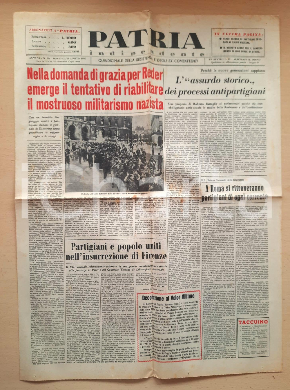 Giornale, rivista storica 1957 PATRIA INDIPENDENTE Domanda di grazia per nazista REDER Giornale 1