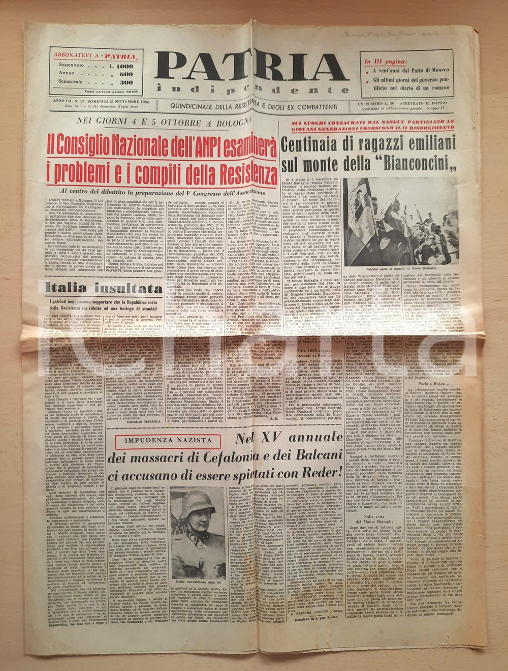 Giornale, rivista storica 1957 PATRIA INDIPENDENTE Raduno della Resistenza sul Monte Battaglia Giornale 1