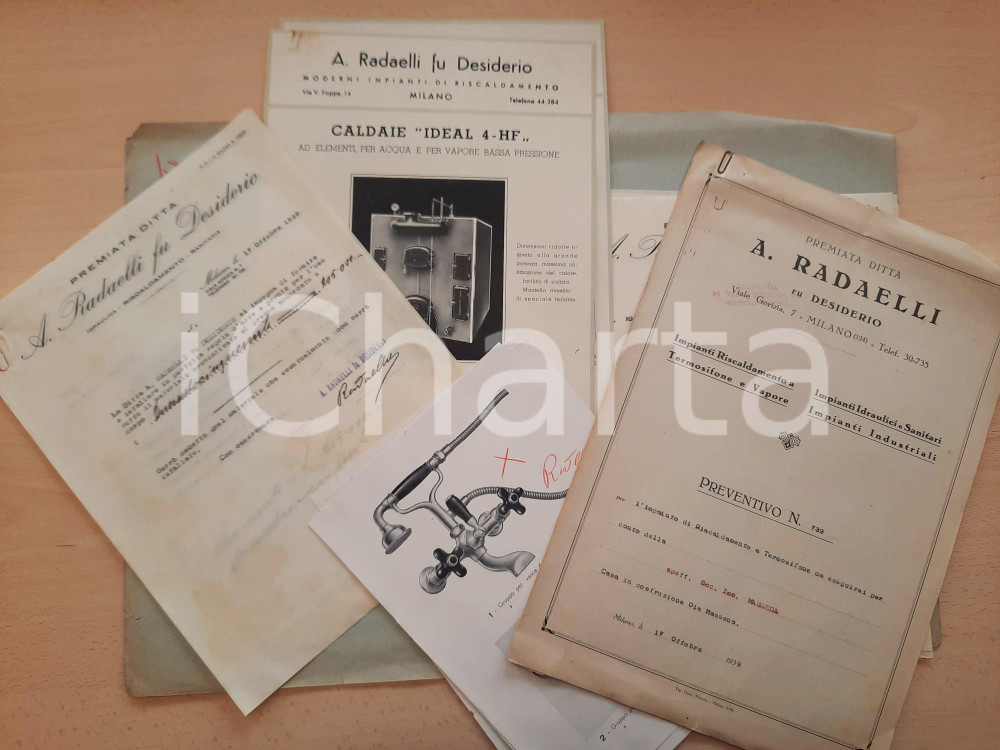 Documento originale, autentico 1939 MILANO Ditta A. RADAELLI  Preventivo impianto riscaldamento con schede 1