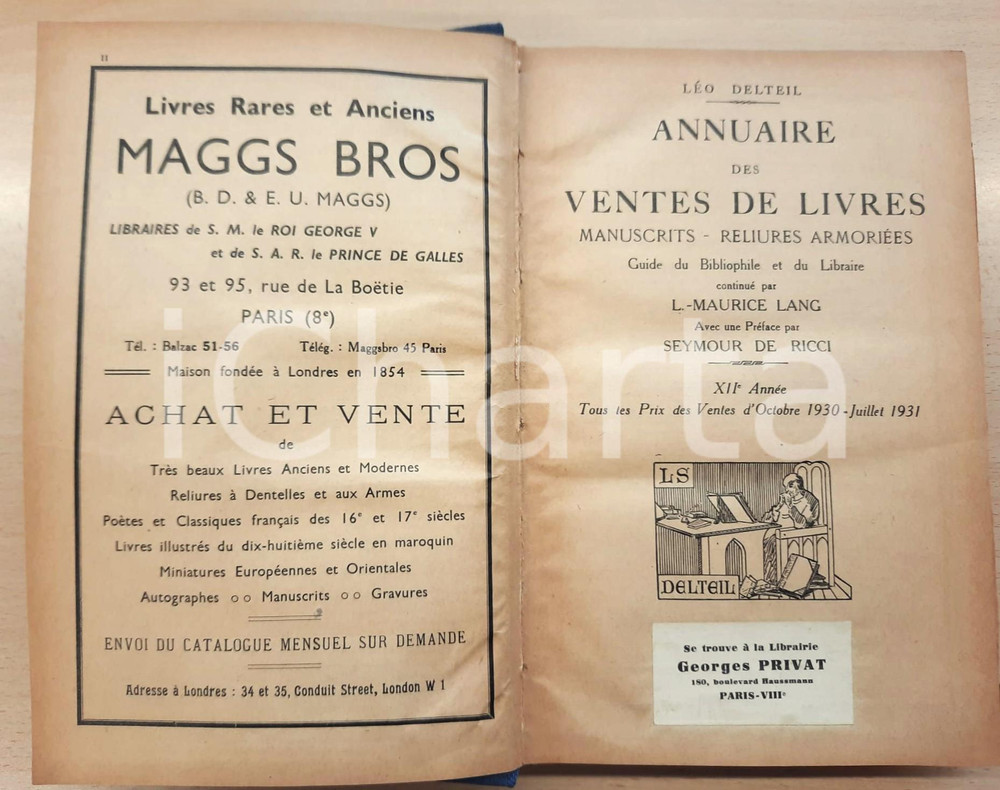 Libro, pubblicazione d epoca 19301931 PARIS Léo DELTEIL Annuaire des ventes des livres  XIIe année 1