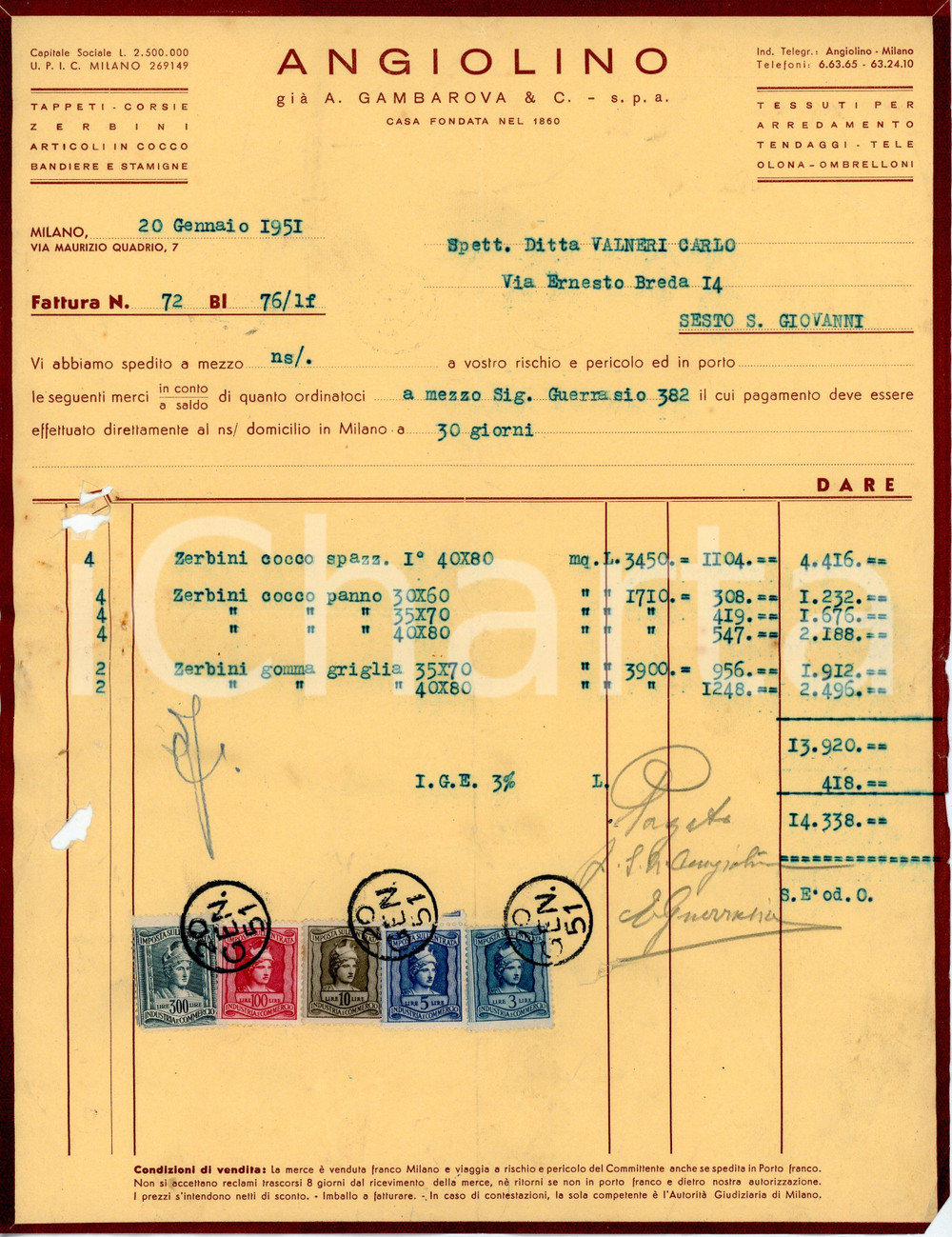 Documento originale, autentico 1951 MILANO Via Maurizio Quadrio 7 Tappeti ANGIOLINO Fattura per zerbini 1
