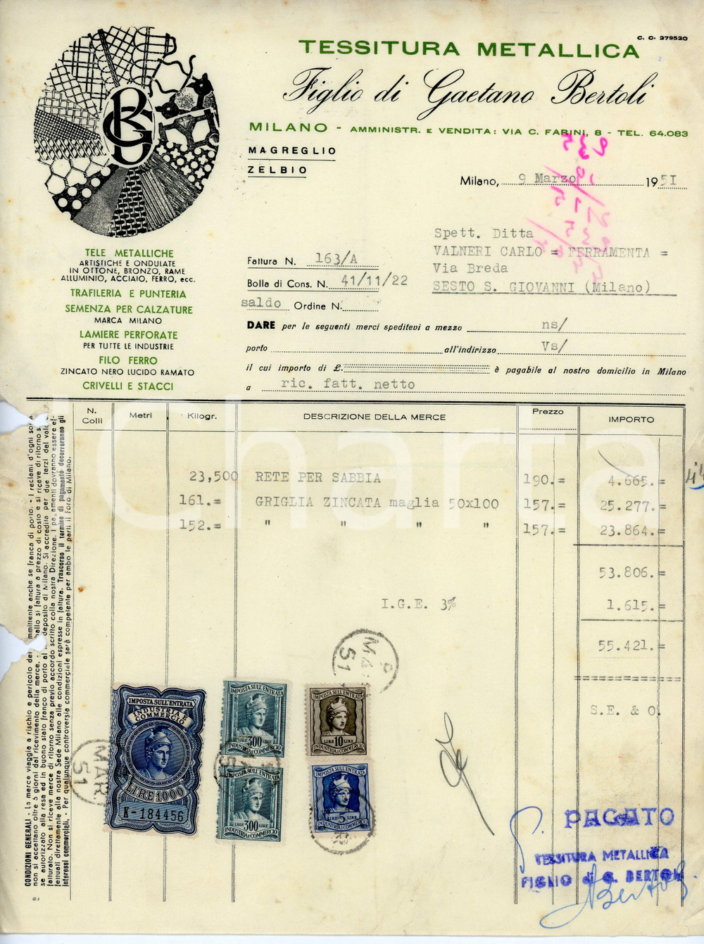 Documento originale, autentico 1951 MILANO Via Farini 8 Tessitura metallica Figlio di Gaetano BERTOLI Fattura 1