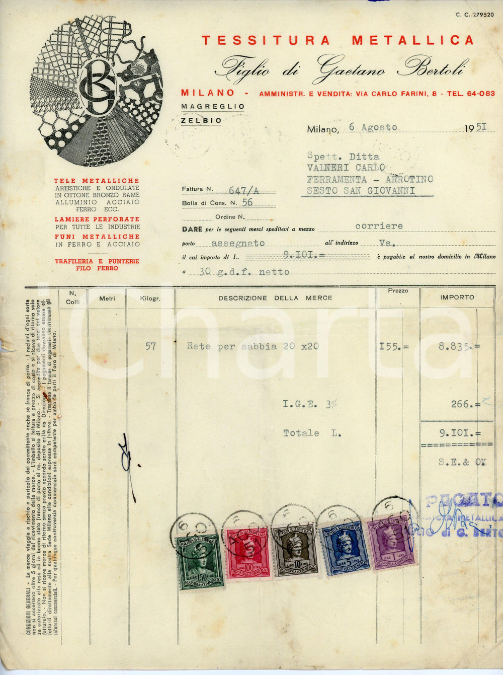 Documento originale, autentico 1951 MILANO Via Farini 8 Tessitura metallica Figlio di Gaetano BERTOLI Fattura 1 1