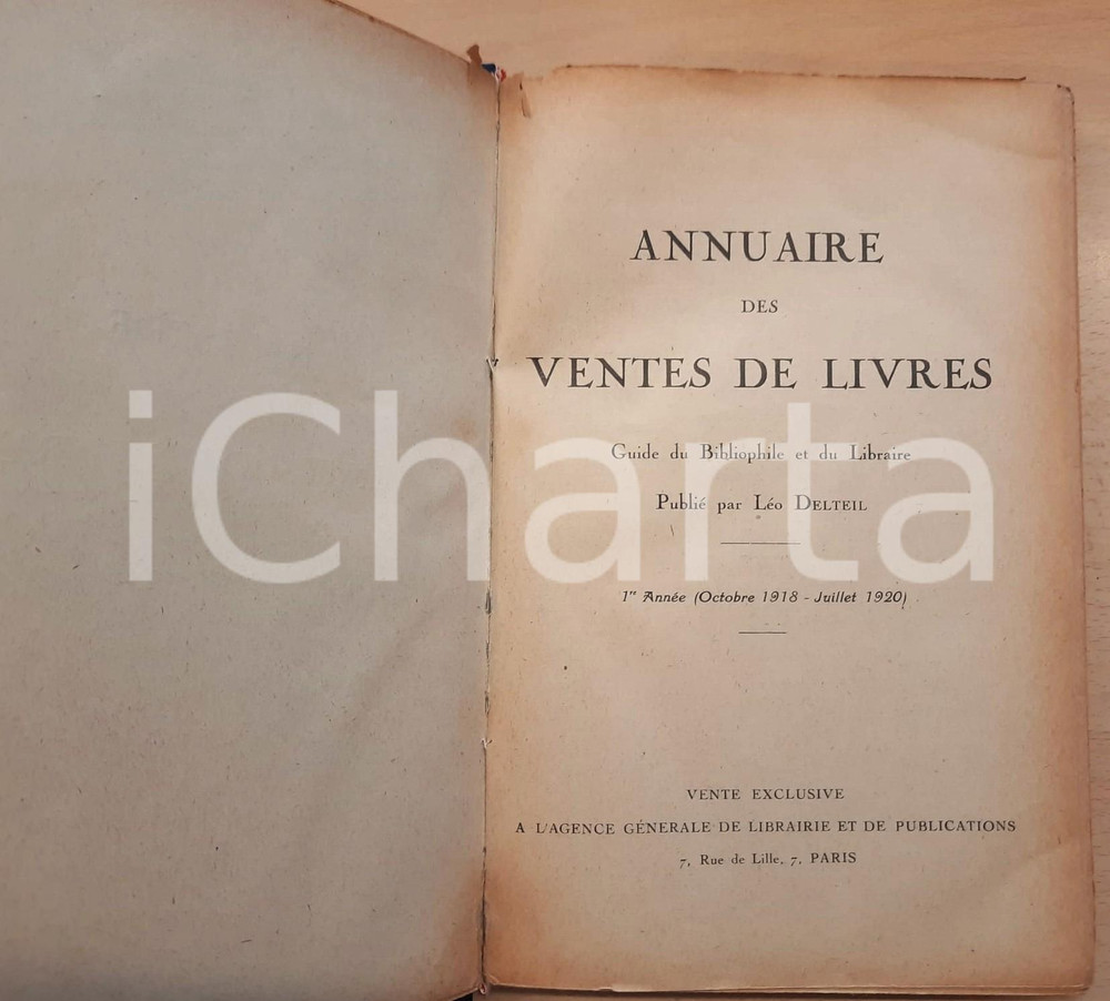 Libro, pubblicazione d epoca 19181920 PARIS Léo DELTEIL Annuaire des ventes des livres  1ère année 1