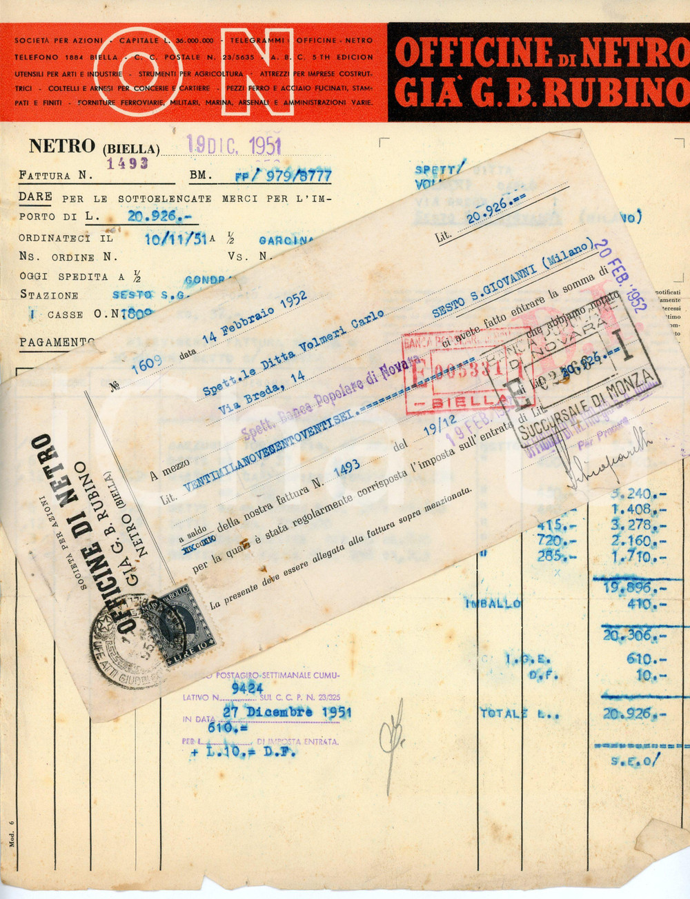 Documento originale, autentico 1951 ON Officine di NETRO BI già G. B. RUBINO Fattura con cambiale 1