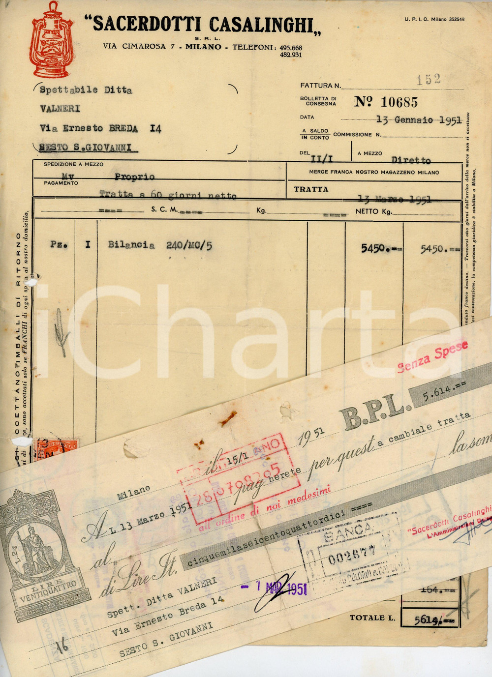 Documento originale, autentico 1951 MILANO Via Cimarosa 7 Casalinghi SACERDOTTI Fattura con cambiale 1 1