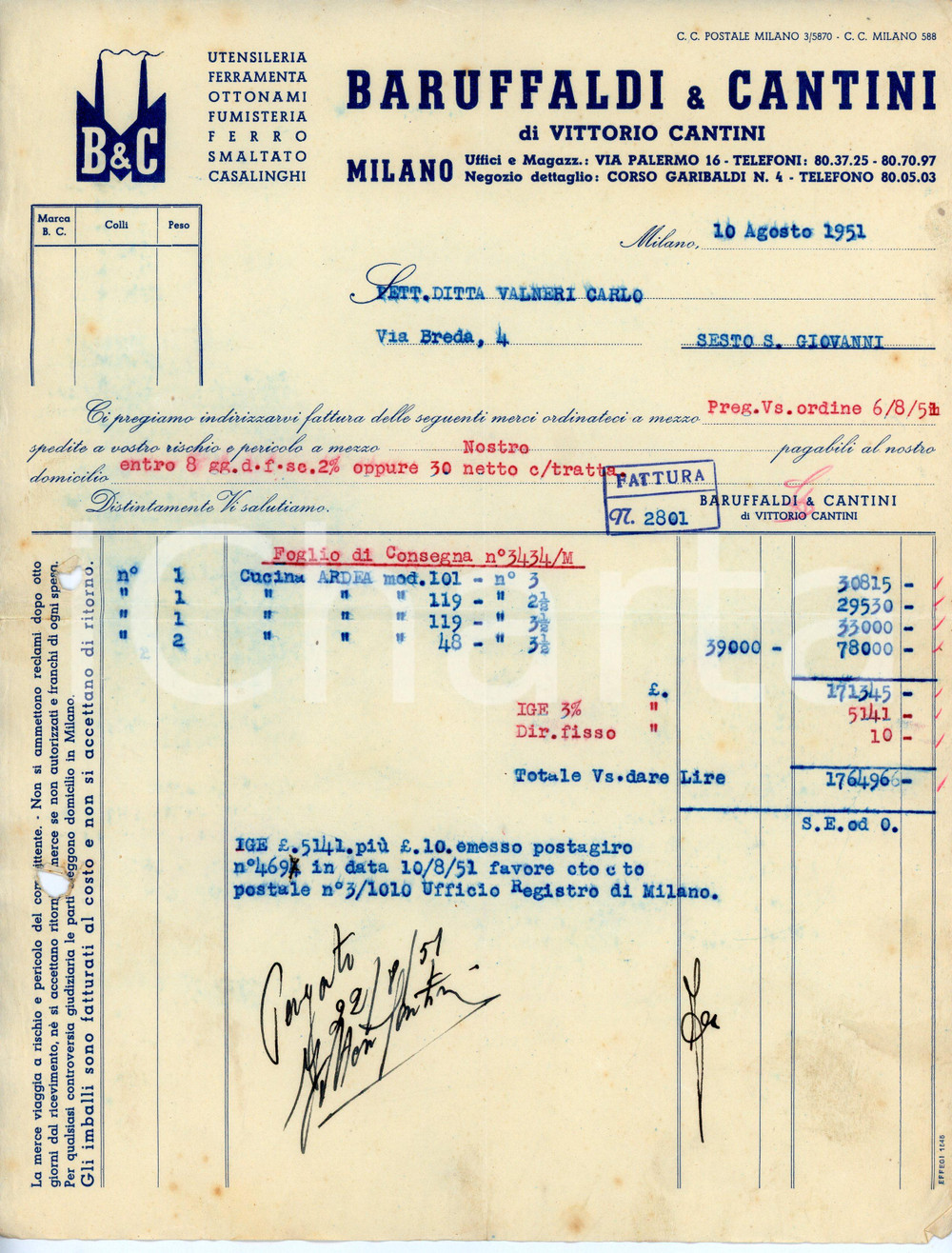 Documento originale, autentico 1951 MILANO Via Palermo 16 BARUFFALDI E CANTINI Fattura cucina smaltata ARDEA 1
