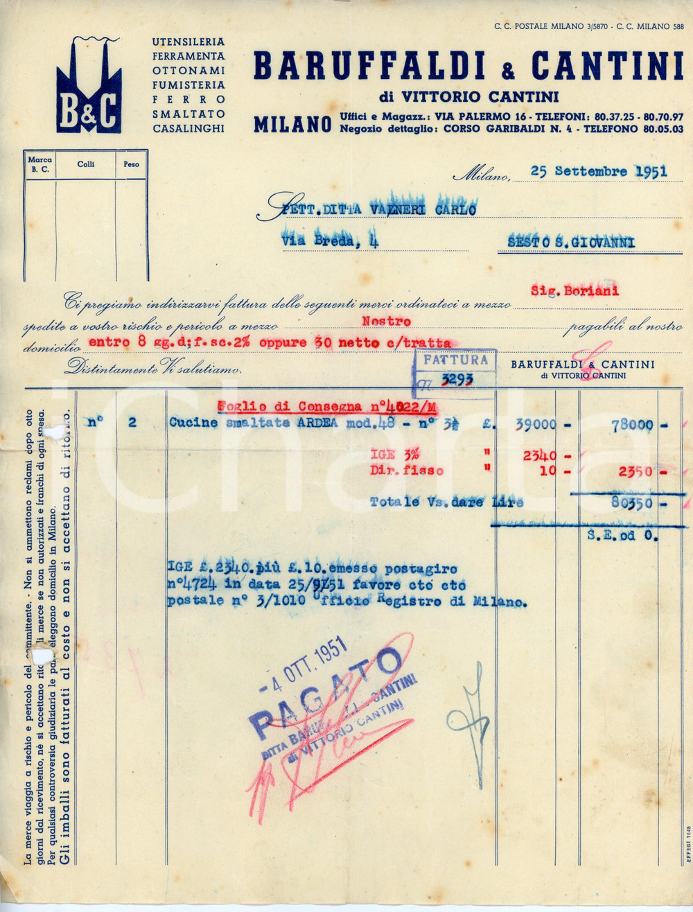 Documento originale, autentico 1951 MILANO Via Palermo 16 BARUFFALDI E CANTINI Fattura cucina smaltata ARDEA 1 1